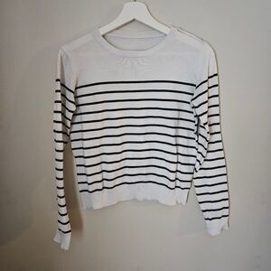 SHEIN Top Blouse Sweater Knit Striped White Black Buttons Crewneck Casual
